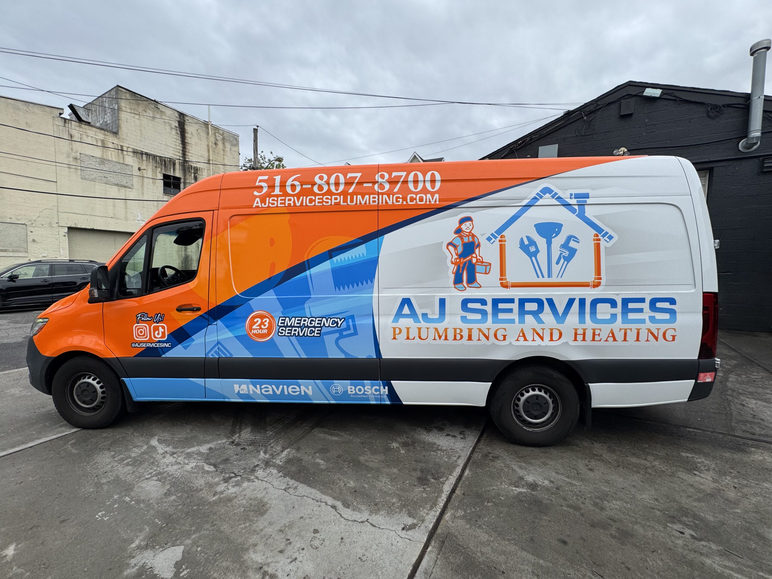 AJ Services Plumbing and Heating service truck in Wantagh NY